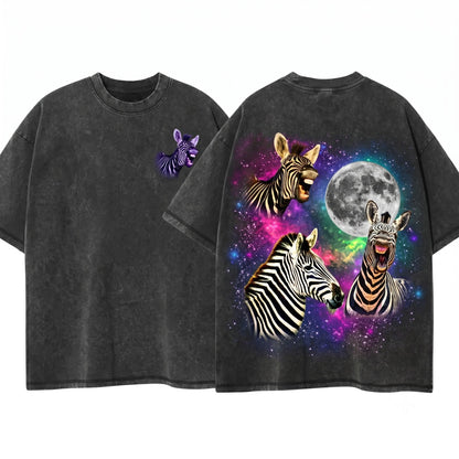Three Zebra Retro Graphic Vintage Moon Lovers Funny Oversized Unisex Wash T-Shirt
