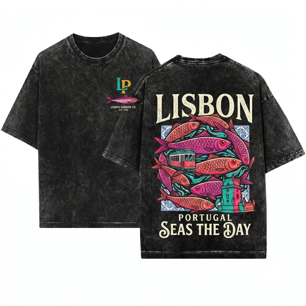Lisbon Portugal Travel Fish Graphic Vintage Souvenir Unisex Wash T-Shirt