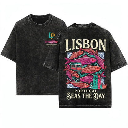 Lisbon Portugal Travel Fish Graphic Vintage Souvenir Unisex Wash T-Shirt