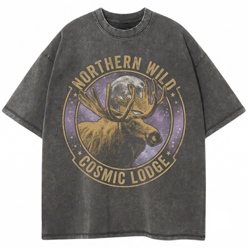 Three Moose Retro Moon Graphic Oversized Washed Vintage Funny Unisex TShirt