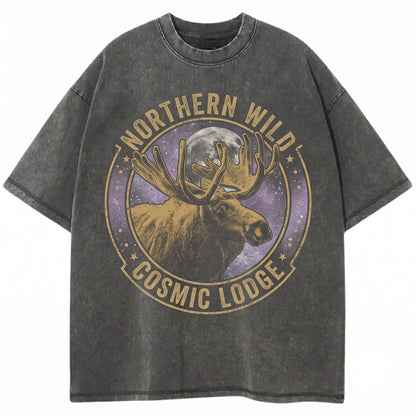 Three Moose Retro Moon Graphic Oversized Washed Vintage Funny Unisex TShirt