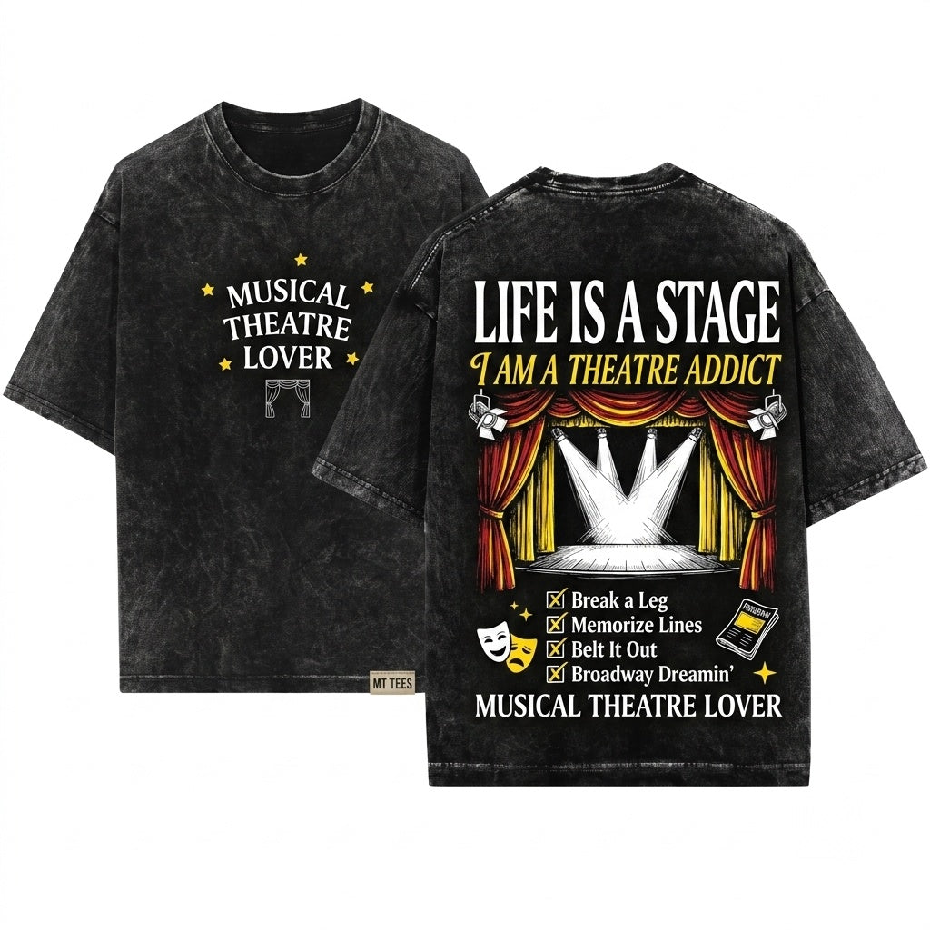 Musical Theatre Lover Embroidered Wavy Text Star Gift Unisex Wash T-Shirt