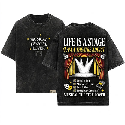 Musical Theatre Lover Embroidered Wavy Text Star Gift Unisex Wash T-Shirt