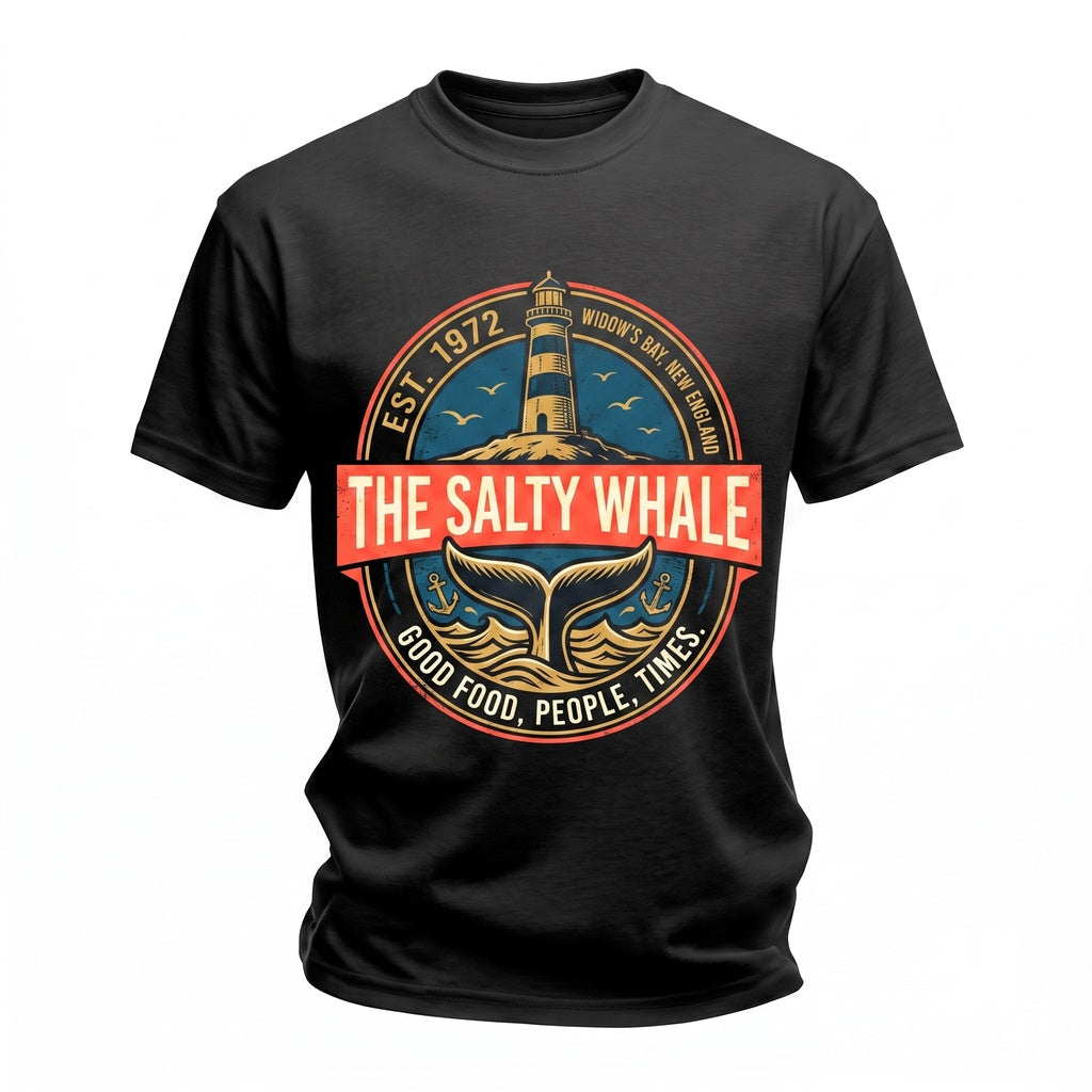 The Salty Whale Widows Bay Vintage Seafood Restaurant Coastal Bar Pub Graphic Retro Horror Town Unisex TShirt