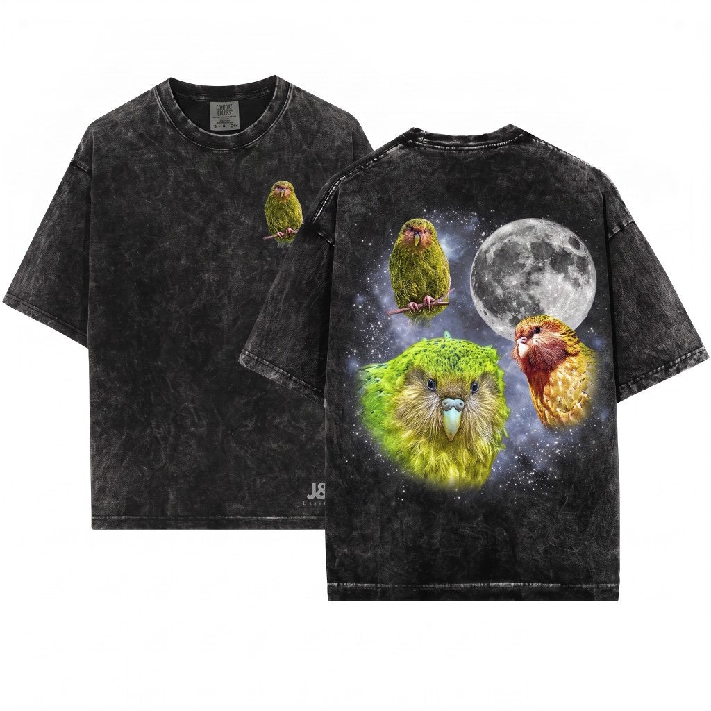Three Kakapo Moon Retro Vintage Graphic Parrot Funny Oversized Silly Gift Unisex Wash T-Shirt