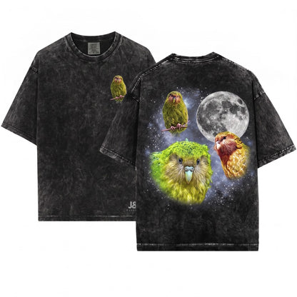 Three Kakapo Moon Retro Vintage Graphic Parrot Funny Oversized Silly Gift Unisex Wash T-Shirt