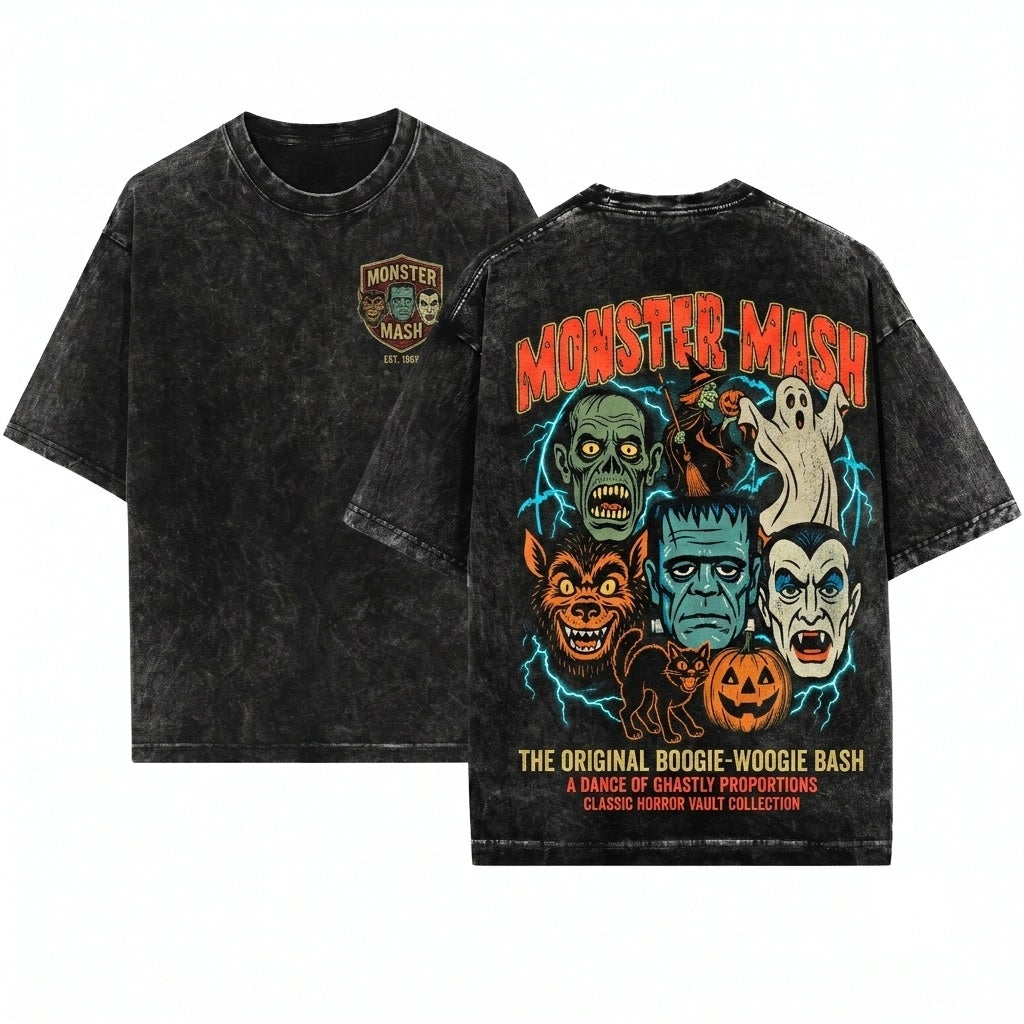 Retro Monster Mash Halloween Spooky Season Unisex Wash T-Shirt