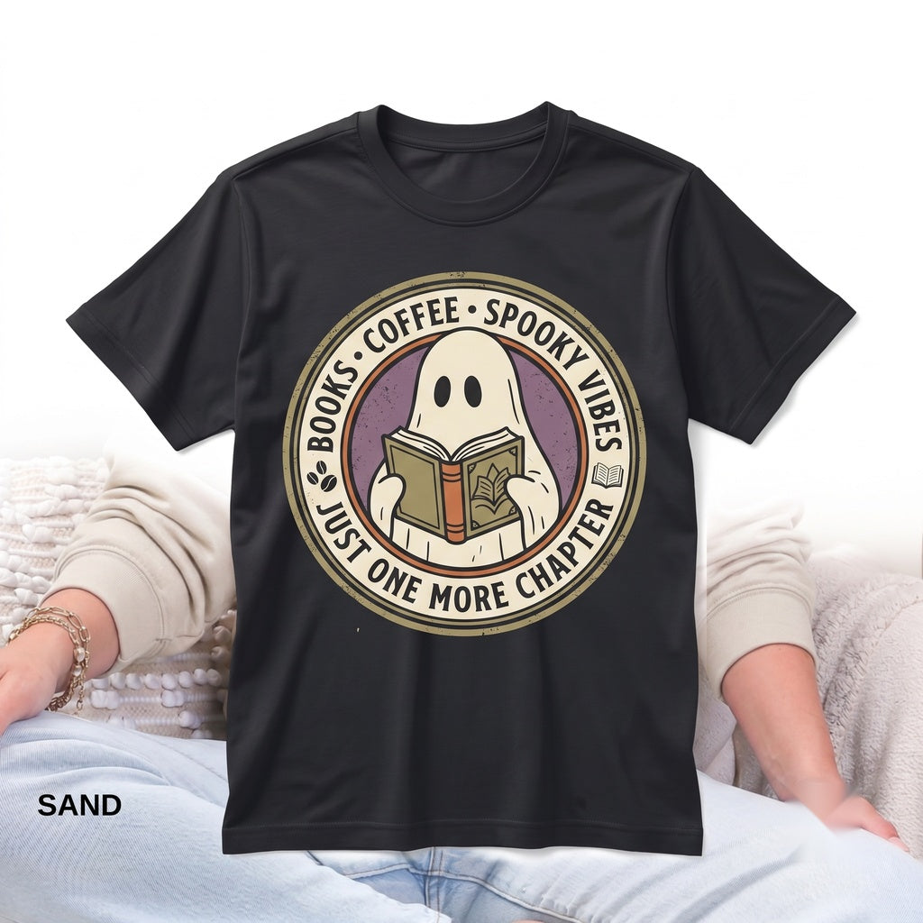 Cozy Ghost Reading Book Lovers Cute Spooky Fall Coffee Graphic Apparel Unisex TShirt