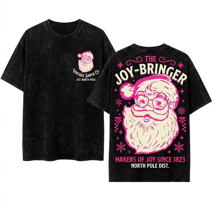 Pink Retro Minimalist Santa Line Art Xmas Vintage Holiday Clipart Unisex Wash T-Shirt