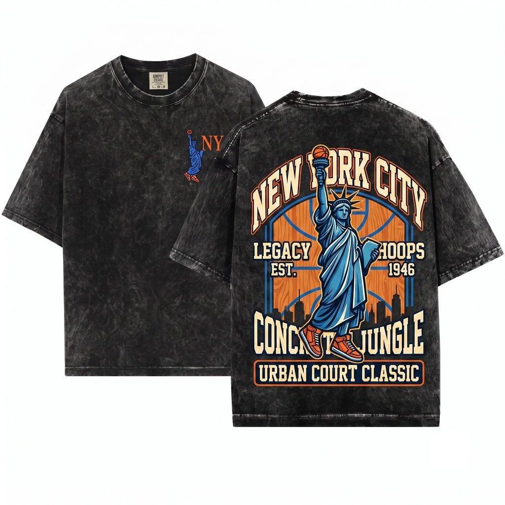 New York Statue of Liberty 90s NYC Bball Graphic Unisex Wash T-Shirt