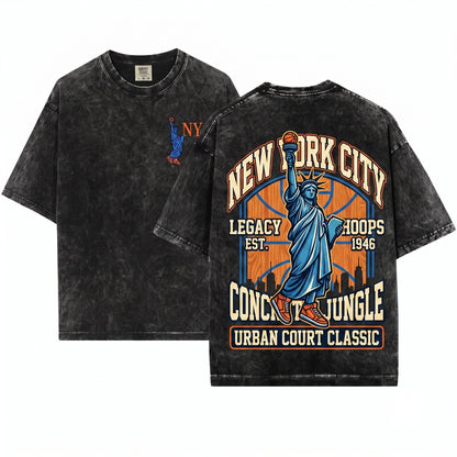 New York Statue of Liberty 90s NYC Bball Graphic Unisex Wash T-Shirt