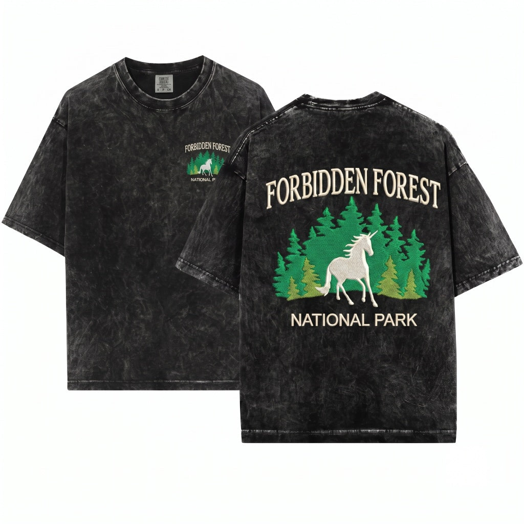 Forbidden Forest National Park Magical Wizard School Inspired Unicorn Book Lovers Bookish Unisex Wash T-Shirt