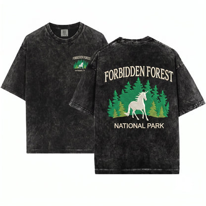 Forbidden Forest National Park Magical Wizard School Inspired Unicorn Book Lovers Bookish Unisex Wash T-Shirt