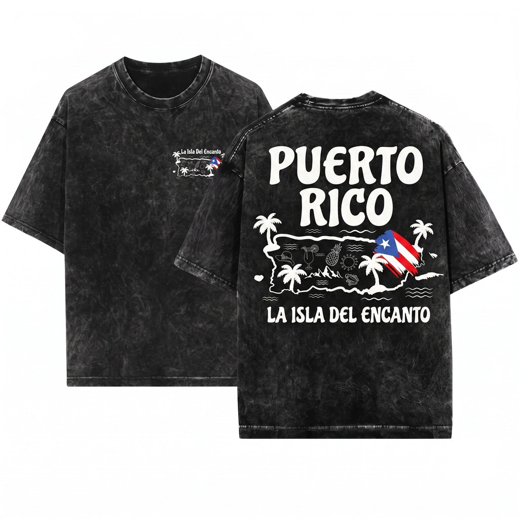 Puerto Rico La Isla del Encanto Flag Gift Travel Lover Raised Roots Unisex Wash T-Shirt