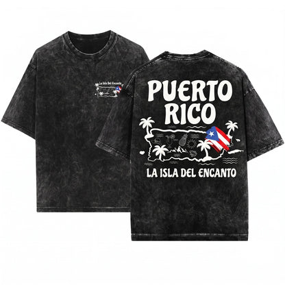 Puerto Rico La Isla del Encanto Flag Gift Travel Lover Raised Roots Unisex Wash T-Shirt