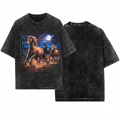 Wild Horses Vintage 90s Graphic Retro Moonlit Running Apparel Unisex Wash T-Shirt