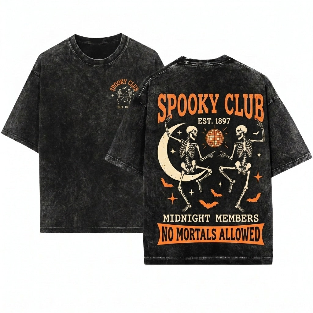 Spooky Club Dancing Skeleton Halloween Fashion Graphic Unisex Wash T-Shirt