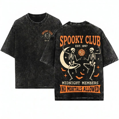 Spooky Club Dancing Skeleton Halloween Fashion Graphic Unisex Wash T-Shirt