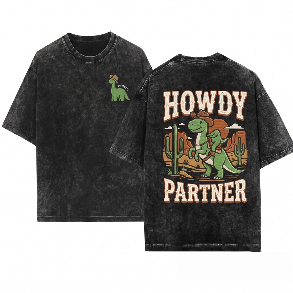 Howdy Embroidered Funny Western Cute Country Gift Dinosaur Unisex Wash T-Shirt