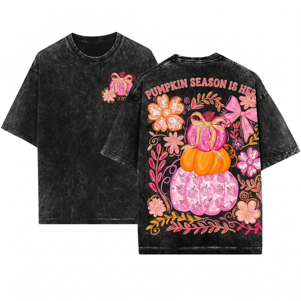 Preppy Glitter Pink Floral Boho Colorful Trendy Thanksgiving Pumpkin Season Unisex Wash T-Shirt