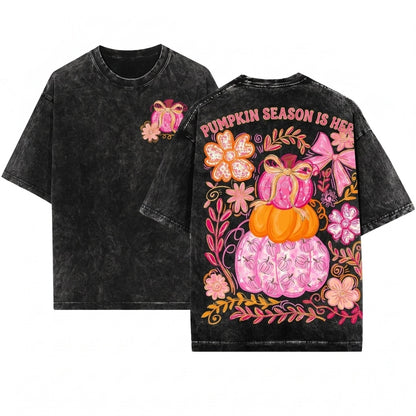 Preppy Glitter Pink Floral Boho Colorful Trendy Thanksgiving Pumpkin Season Unisex Wash T-Shirt