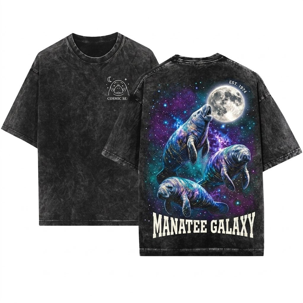 Space Manatees Vintage Howling Moon Graphic Save Florida Sea Cow 90s Retro Unisex Wash T-Shirt