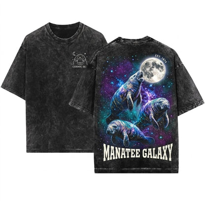 Space Manatees Vintage Howling Moon Graphic Save Florida Sea Cow 90s Retro Unisex Wash T-Shirt