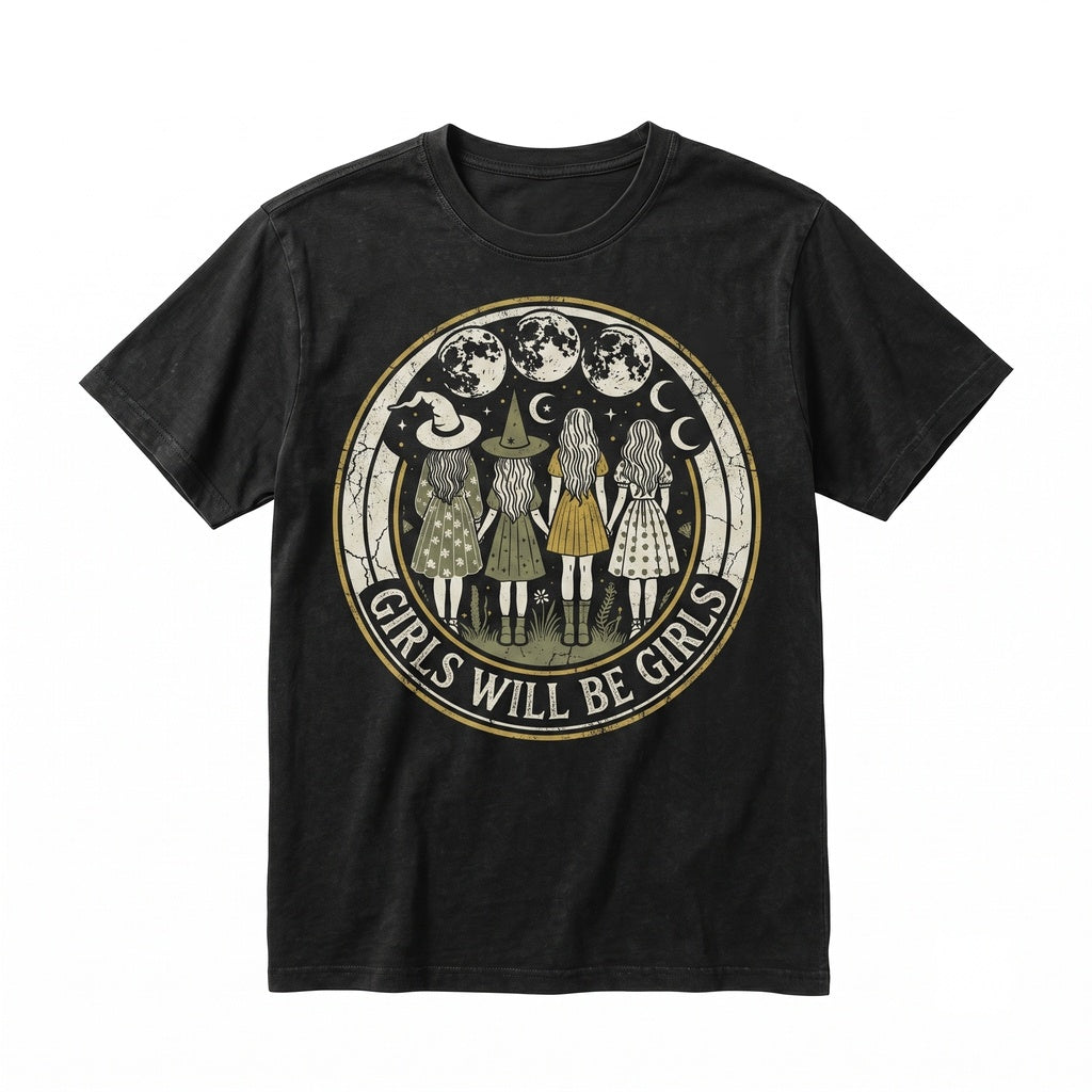 Girls Will Be Girls Witch Vintage Halloween Humor Feminist Graphic Unisex TShirt