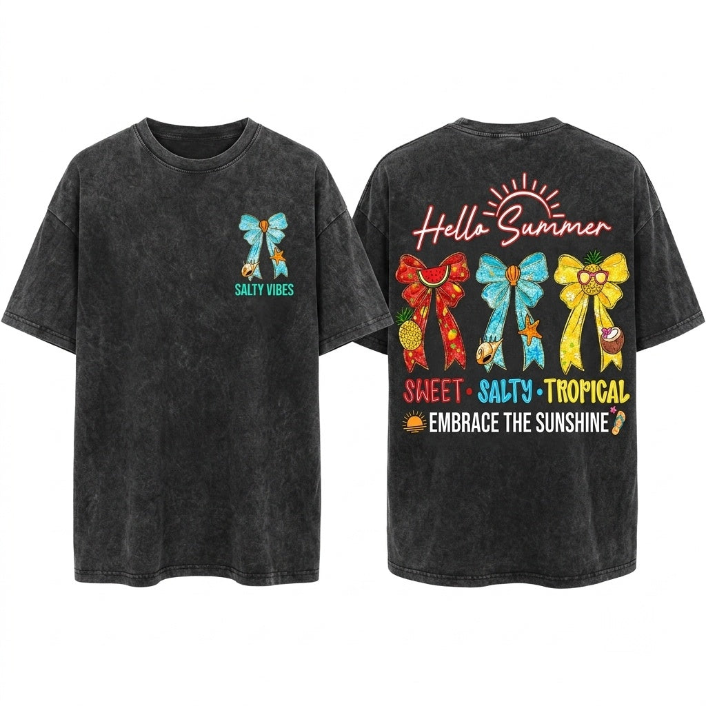 Hello Summer Coquette Tropical Bow Sweet Salty Beach Fruit Seashell Vacation Unisex Wash T-Shirt