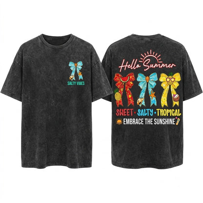 Hello Summer Coquette Tropical Bow Sweet Salty Beach Fruit Seashell Vacation Unisex Wash T-Shirt