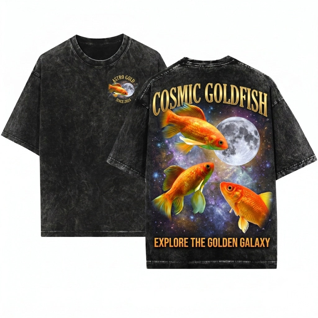 Three Goldfish Retro Moon Graphic Meme Funny Vintage Oversized Fish Lovers Unisex Wash T-Shirt