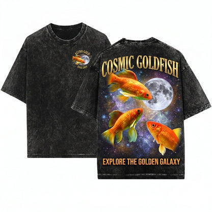 Three Goldfish Retro Moon Graphic Meme Funny Vintage Oversized Fish Lovers Unisex Wash T-Shirt