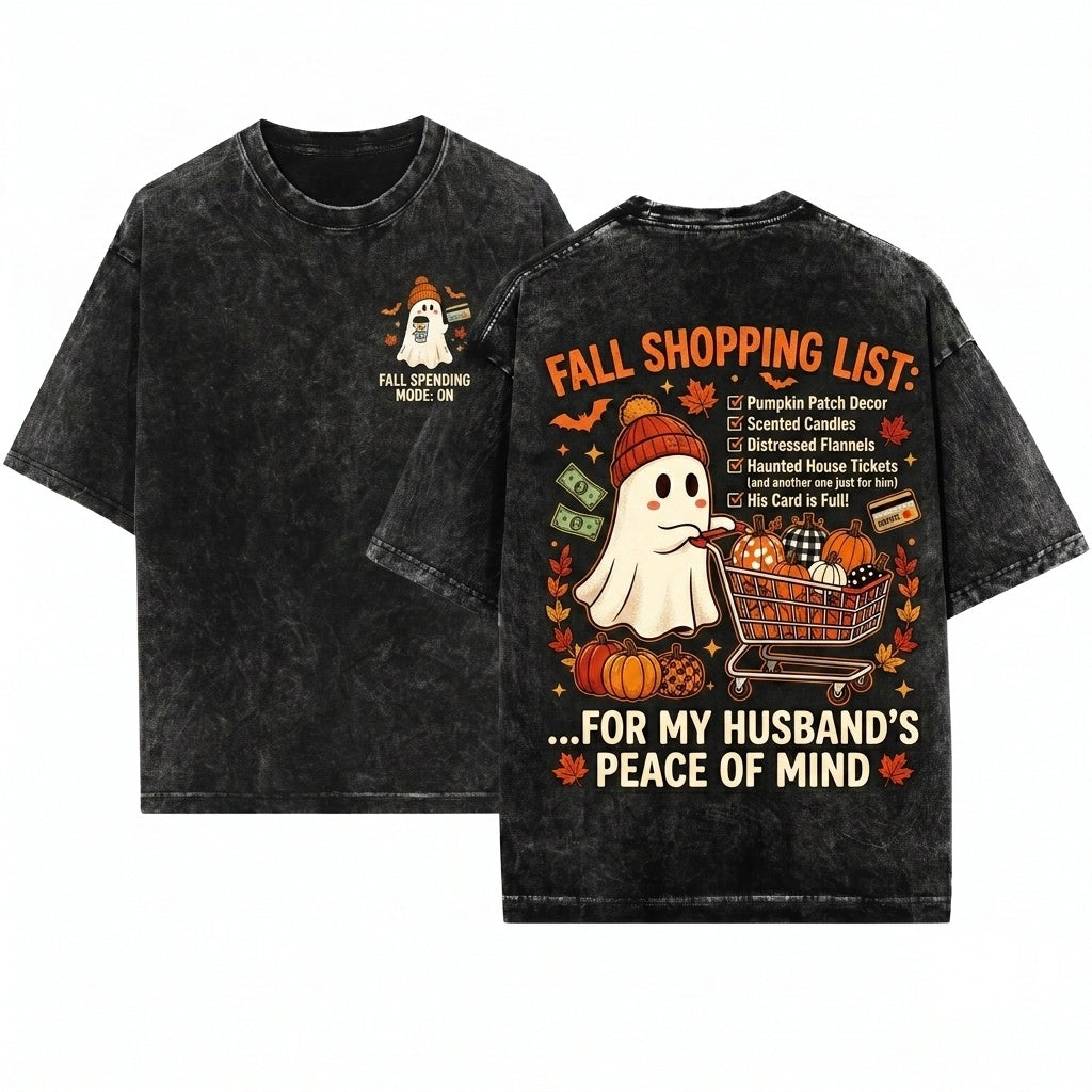 Ghost Pushing Pumpkin Cart Latte On My Way To Spend Husband Money Funny Halloween Season Unisex Wash T-Shirt
