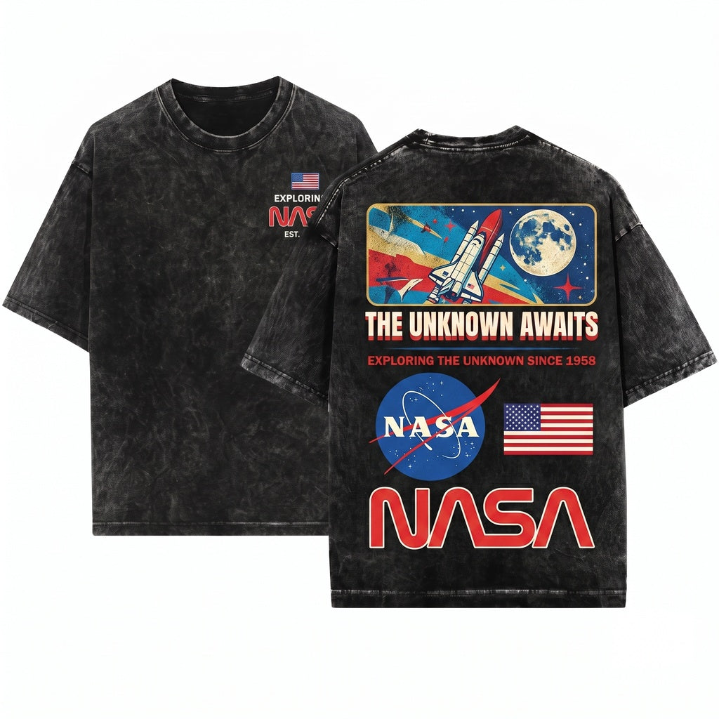Space Exploration Graphic Retro Science Streetwear Unisex Wash T-Shirt