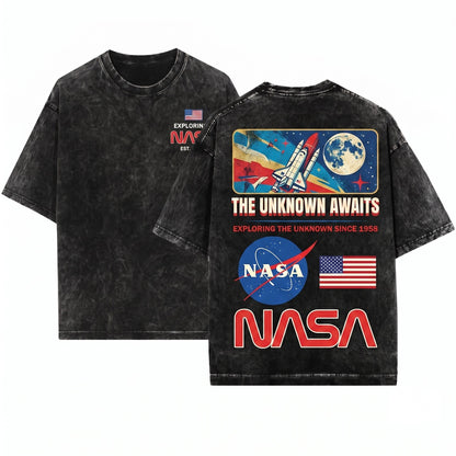 Space Exploration Graphic Retro Science Streetwear Unisex Wash T-Shirt