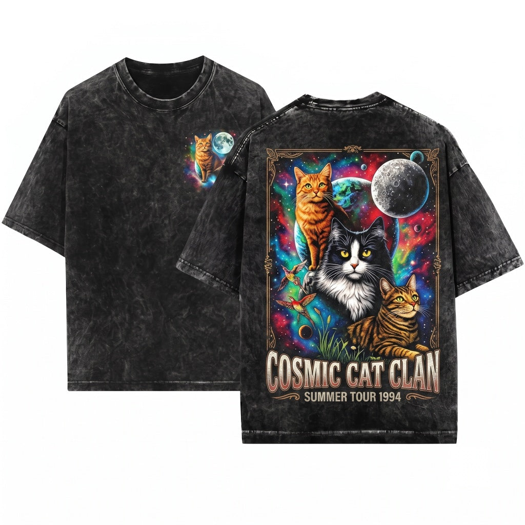Vintage Cosmic Cat Graphic Retro 90s Space Celestial Moon Stars Gift Unisex Wash T-Shirt