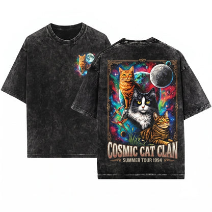 Vintage Cosmic Cat Graphic Retro 90s Space Celestial Moon Stars Gift Unisex Wash T-Shirt