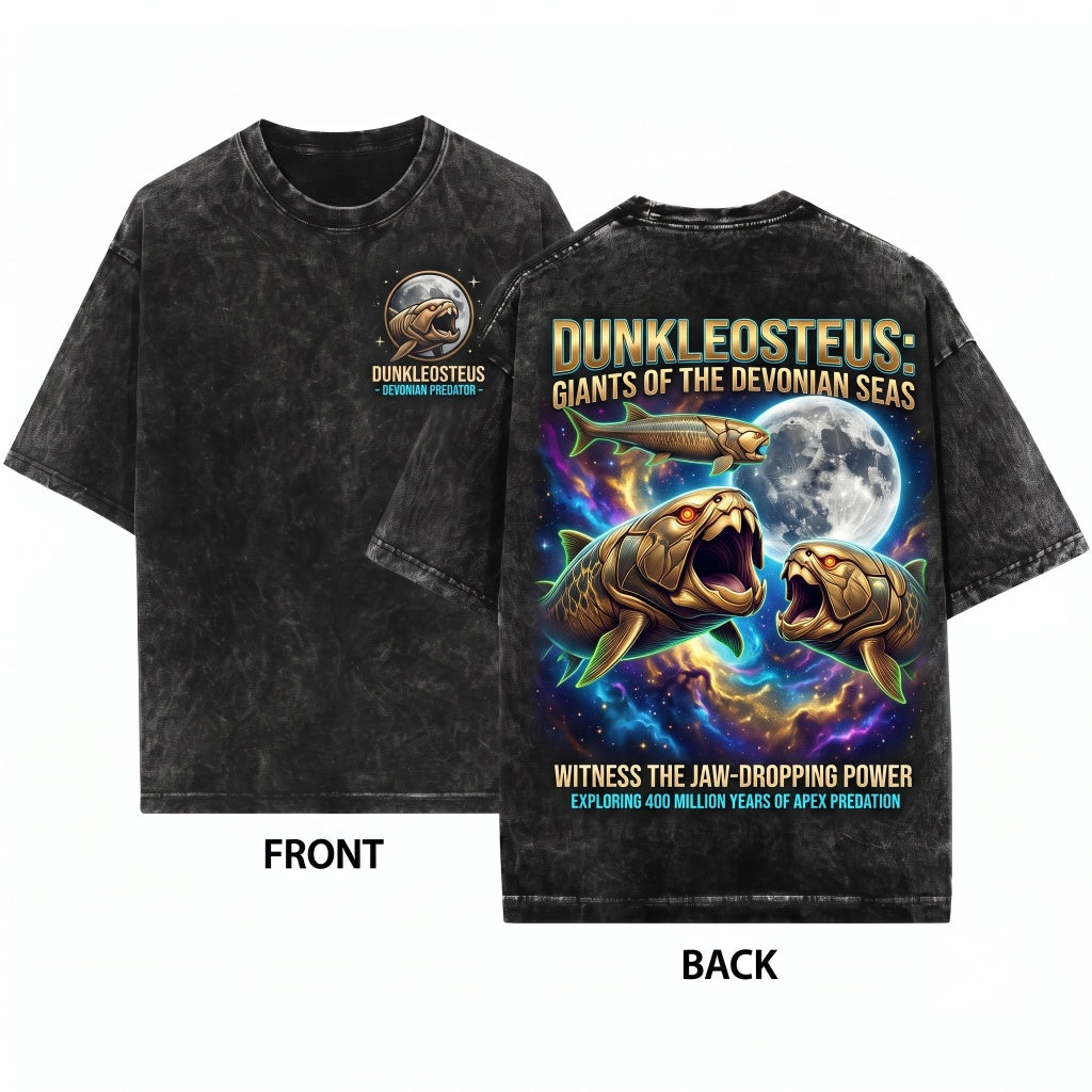 Three Dunkleosteus Ancient Fish Galaxy Prehistoric Sea Vintage Wash Retro Graphic Unisex T-Shirt