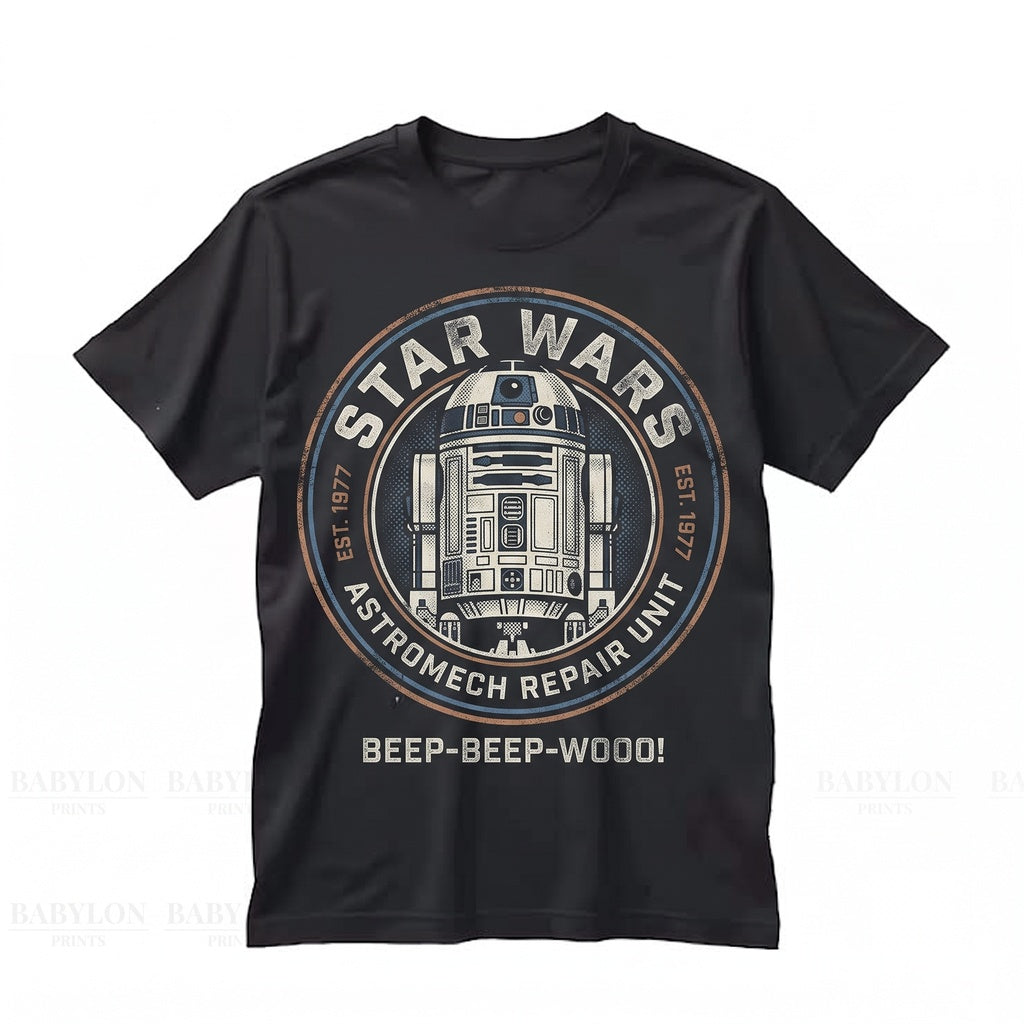 Vintage Sci-Fi Astromech Droid Graphic Apparel Retro Galaxy Space Robot May Fourth Matching Unisex TShirt