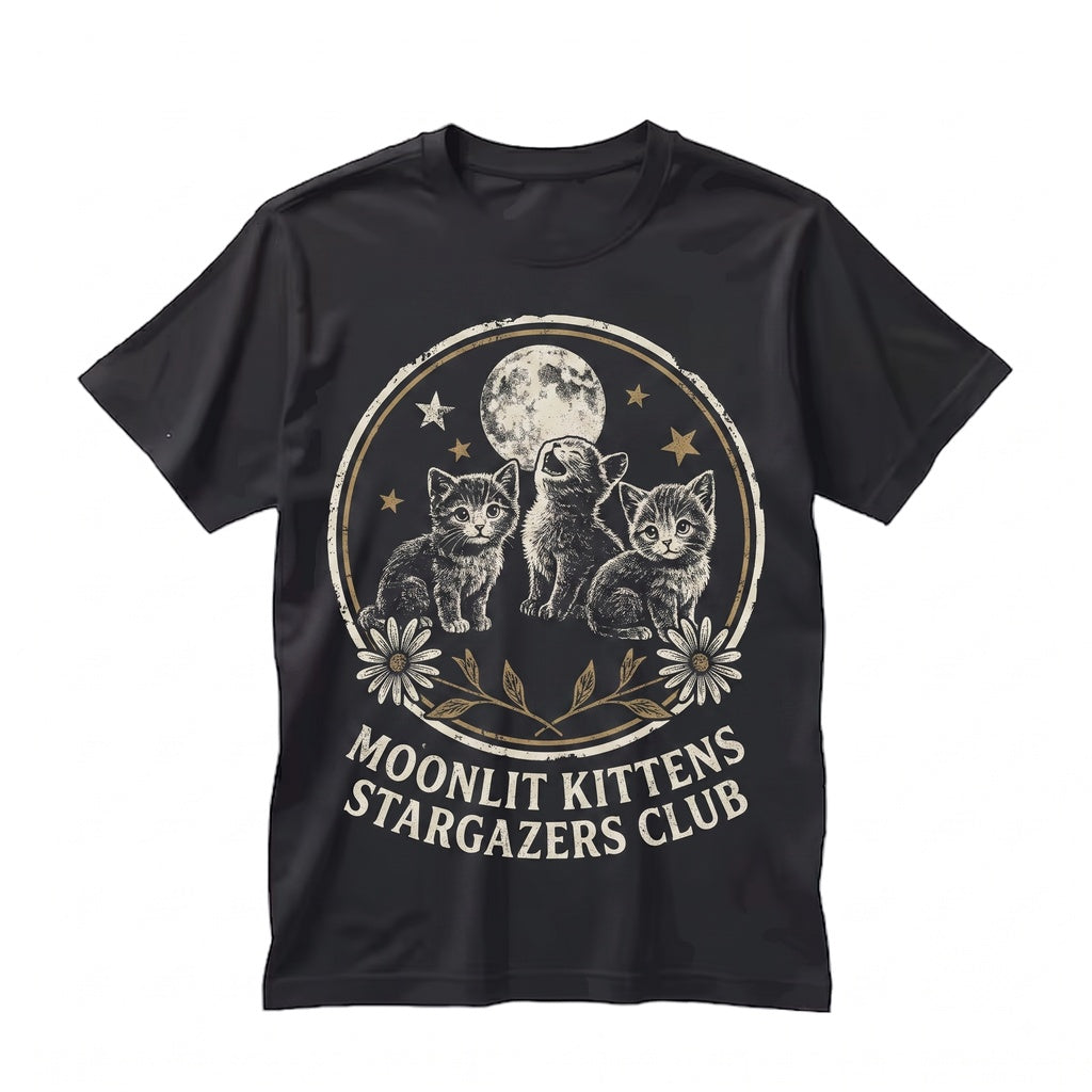 Full Moon Celestial Stars Vintage Floral Kittens Graphic Night Sky Lovers Gift Unisex TShirt