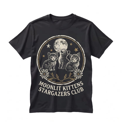 Full Moon Celestial Stars Vintage Floral Kittens Graphic Night Sky Lovers Gift Unisex TShirt