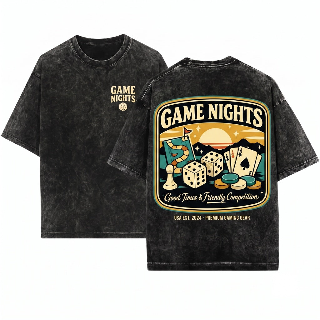 Retro Board Game Night Vintage Dice Cards Graphic Tabletop Competition Apparel Unisex Wash T-Shirt