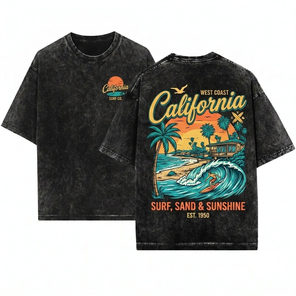Vintage California Summer Beach Vibes Vacation Graphic Grunge Boho Aesthetic Travel Unisex Wash T-Shirt