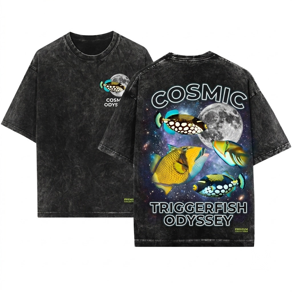 Three Retro Triggerfish Graphic Vintage Ocean Moon Oversized Funny Silly Gift Unisex Wash T-Shirt