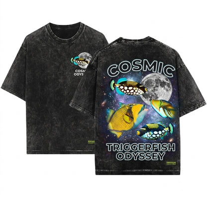 Three Retro Triggerfish Graphic Vintage Ocean Moon Oversized Funny Silly Gift Unisex Wash T-Shirt