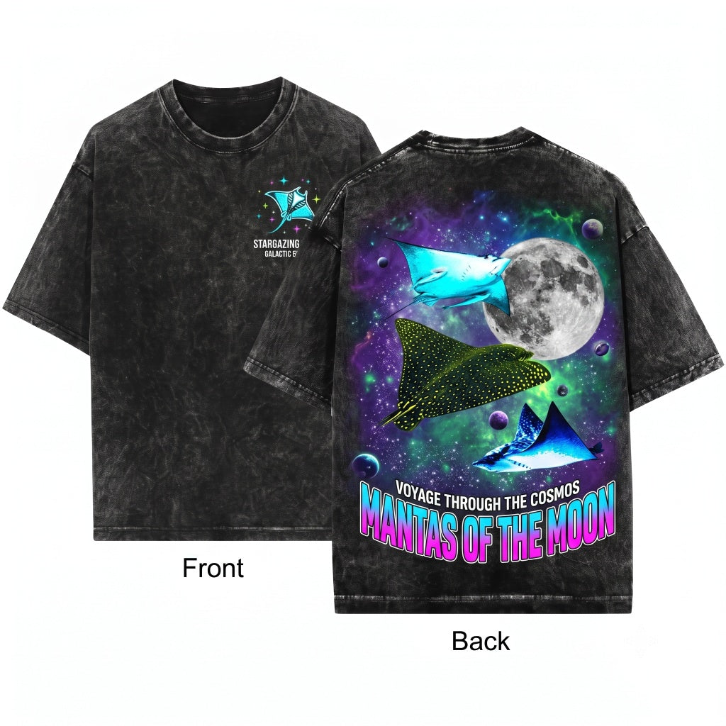 Colorful Three Spotted Eagle Ray Retro Ocean Moon Graphic Unisex Wash T-Shirt