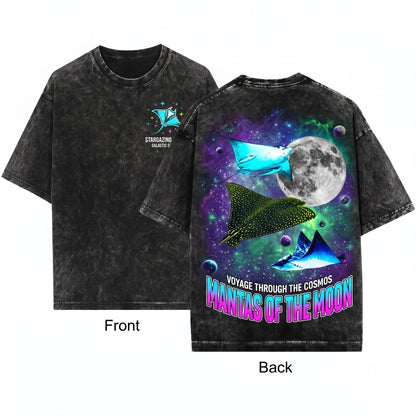 Colorful Three Spotted Eagle Ray Retro Ocean Moon Graphic Unisex Wash T-Shirt