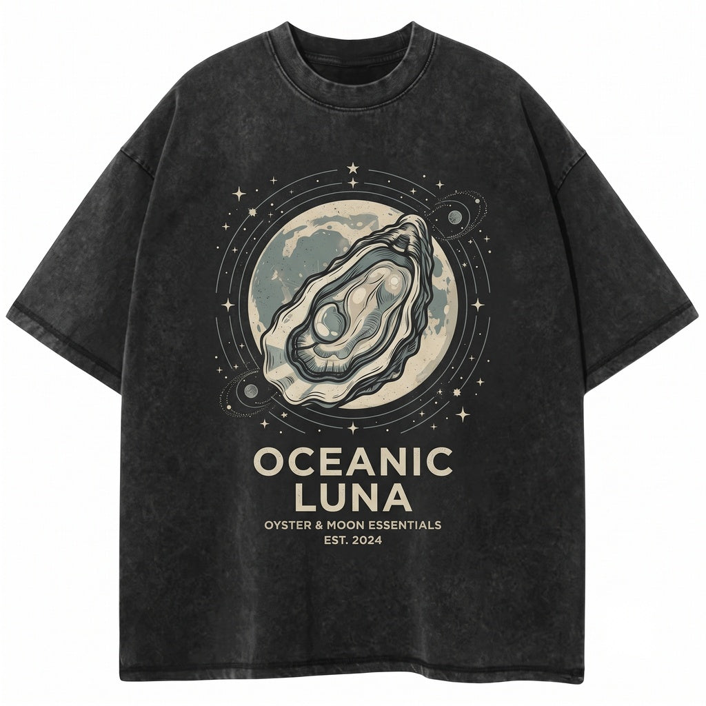 Three Oyster Retro Moon Graphic Vintage Meme Funny Lovers Oversized Washed Unisex TShirt