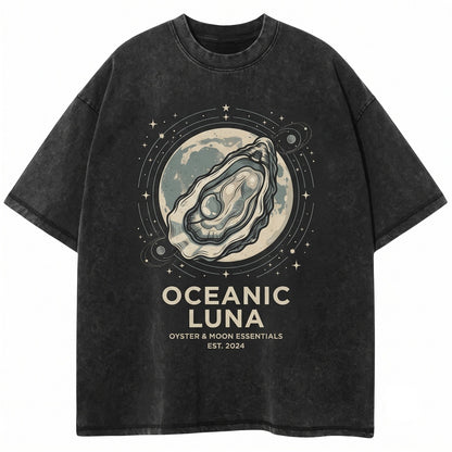 Three Oyster Retro Moon Graphic Vintage Meme Funny Lovers Oversized Washed Unisex TShirt