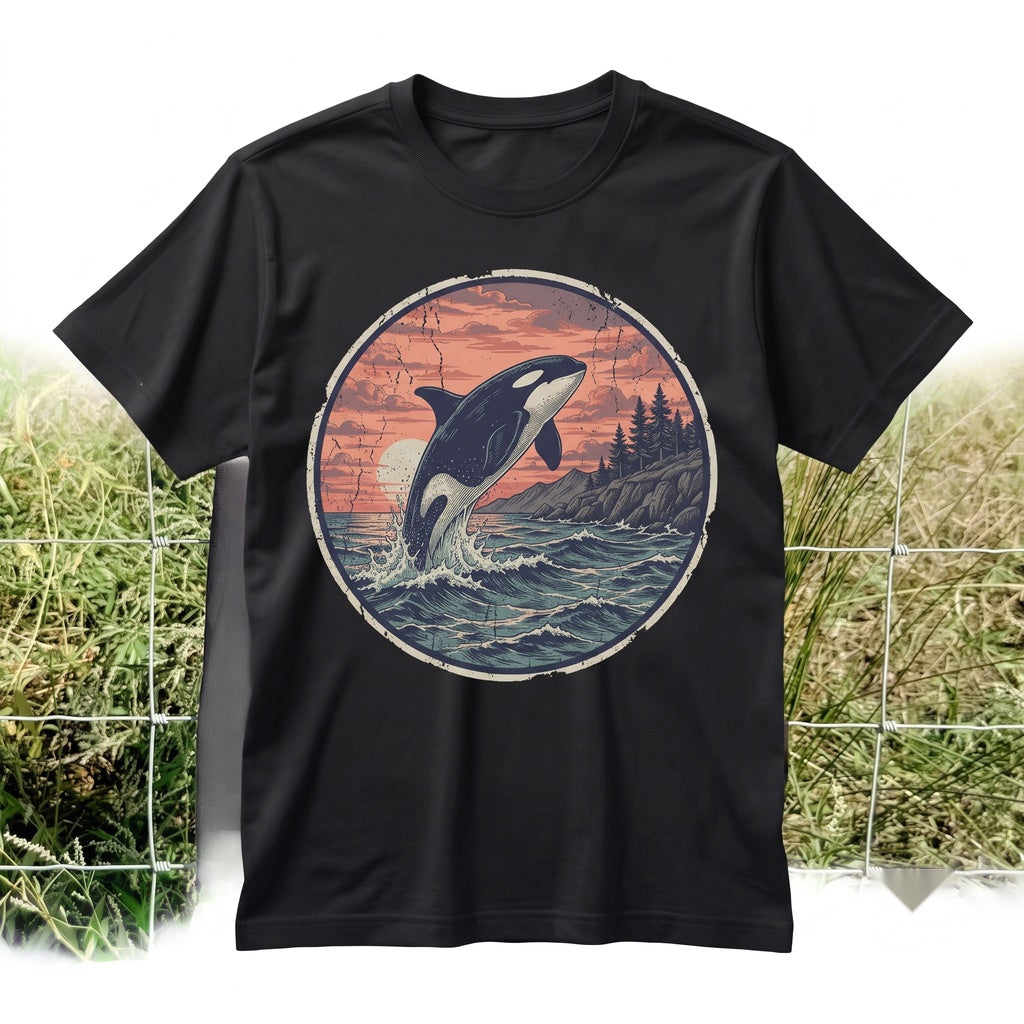 Vintage Orca Whale Ocean Sunset Graphic Coastal Marine Wildlife Pacific Nature Sea Life Gift Unisex TShirt
